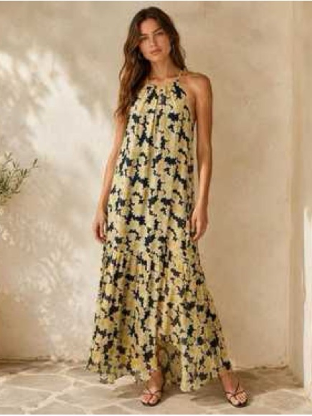 FRNCH Paris Maxi Dress Silk Blend Floral Halter Black Yellow Luxury Italy Sz M
